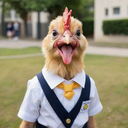 A charming chicken in a cute school uniform, its eyes gleaming with enthusiasm and readiness to attend school.