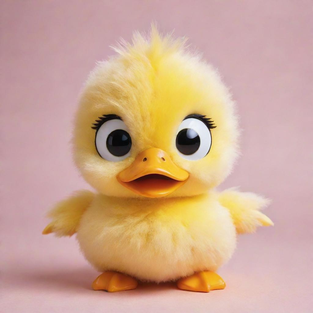 An adorable kawaii-style duck with large, shiny eyes and a rounded, fluffy body. Its feathers display a vibrant yellow, and it has a cheerful and lively expression on its face.