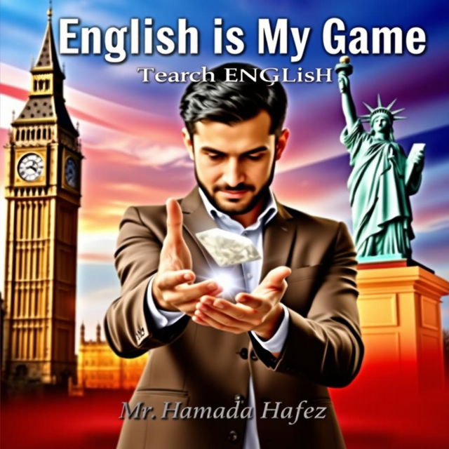 A dynamic book cover designed to teach English, featuring the title "English is My Game" prominently at the top