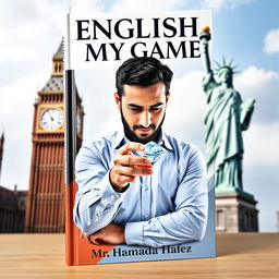 A dynamic book cover designed to teach English, featuring the title "English is My Game" prominently at the top