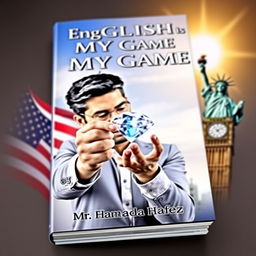 A dynamic book cover designed to teach English, featuring the title "English is My Game" prominently at the top