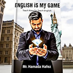 A dynamic book cover designed to teach English, featuring the title "English is My Game" prominently at the top