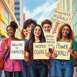 A painting depicting teenagers advocating for equality, promoting reflection on the necessity and importance of building egalitarian and equitable relationships between women and men