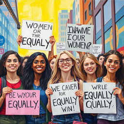 A painting depicting teenagers advocating for equality, promoting reflection on the necessity and importance of building egalitarian and equitable relationships between women and men