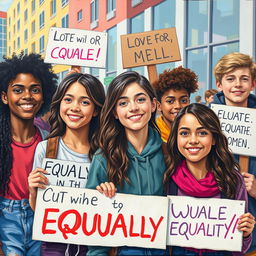 A painting depicting teenagers advocating for equality, promoting reflection on the necessity and importance of building egalitarian and equitable relationships between women and men