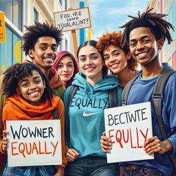 A painting depicting teenagers advocating for equality, promoting reflection on the necessity and importance of building egalitarian and equitable relationships between women and men