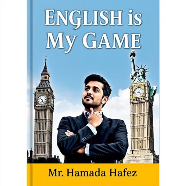 A book cover for "English is My Game", featuring the Statue of Liberty on the right side and Big Ben on the left, representing the cultural links between English-speaking countries