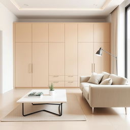 Add modern furniture to the room with the beige cabinet