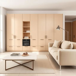 Add modern furniture to the room with the beige cabinet