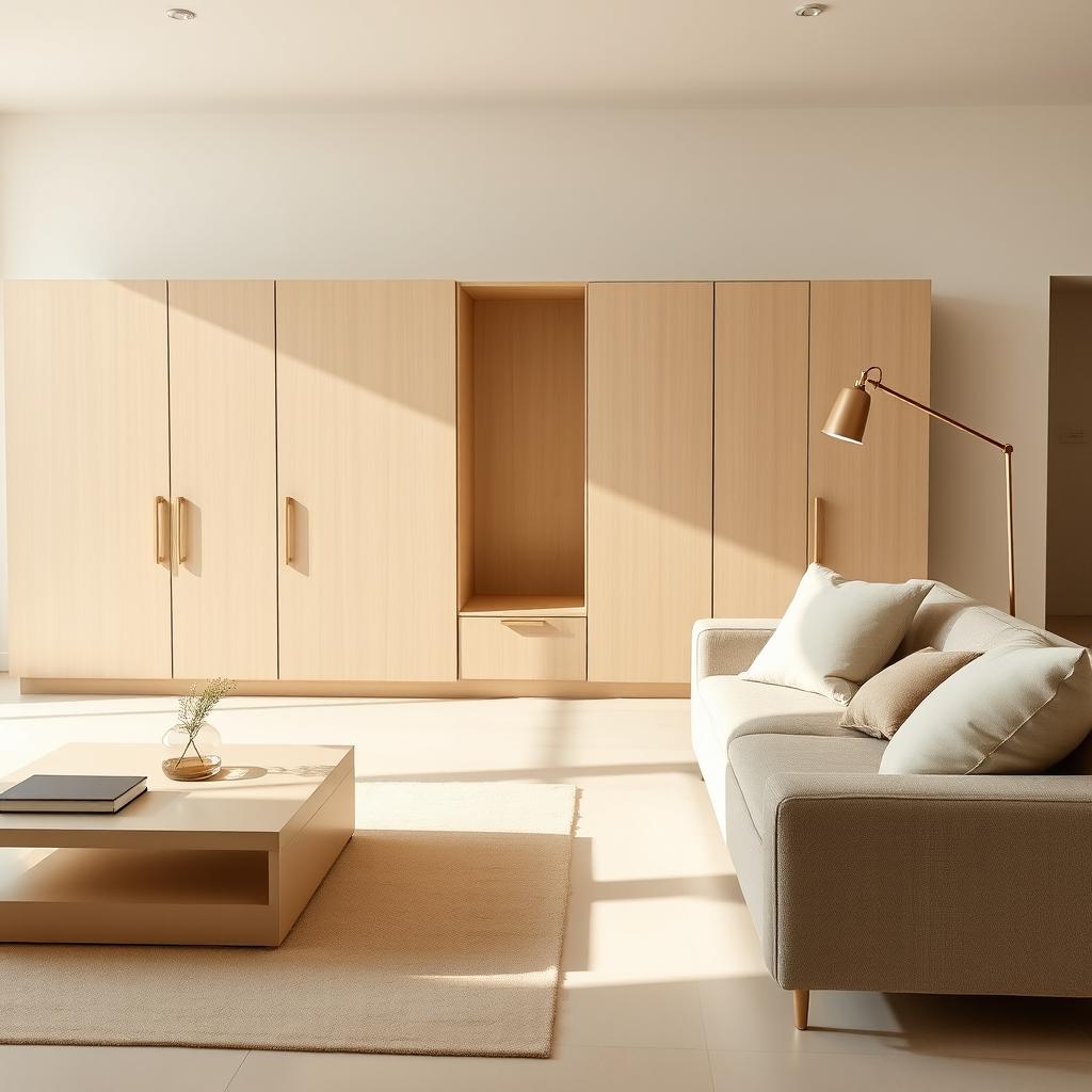 Add modern furniture to the room with the beige cabinet