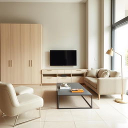 Add modern furniture to the room with the beige cabinet