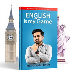 A dynamic book cover for "English is my Game" featuring iconic landmarks to represent English-speaking cultures