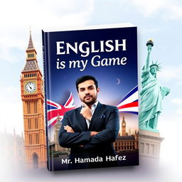 A dynamic book cover for "English is my Game" featuring iconic landmarks to represent English-speaking cultures