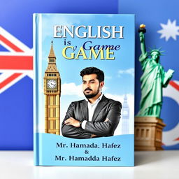 A dynamic book cover for "English is my Game" featuring iconic landmarks to represent English-speaking cultures