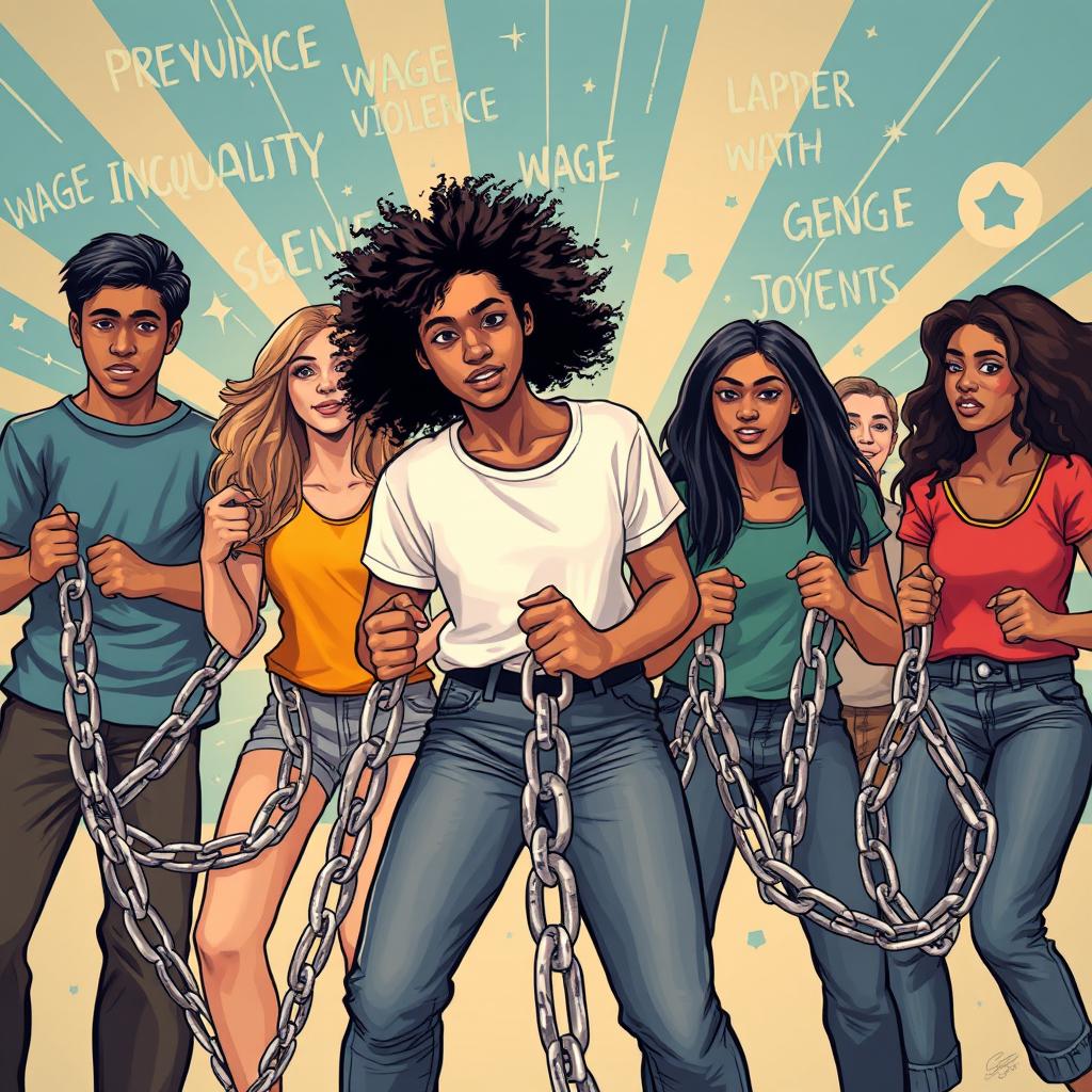 A group of teenagers, both male and female, breaking chains made of words and symbols that represent prejudice, wage inequality, gender violence, and stereotypes