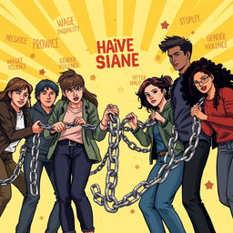 A group of teenagers, both male and female, breaking chains made of words and symbols that represent prejudice, wage inequality, gender violence, and stereotypes