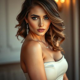 A sensual portrait showcasing a beautiful woman with captivating eyes and luscious, wavy hair