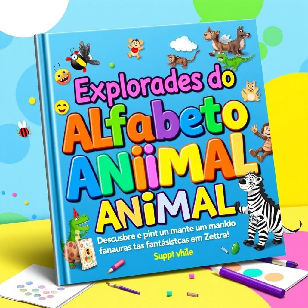 A vibrant, eye-catching eBook cover titled "Exploradores do Alfabeto Animal: Descubra e Pinte um Mundo de Criaturas Fantásticas em Cada Letra!"