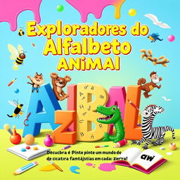 A vibrant, eye-catching eBook cover titled "Exploradores do Alfabeto Animal: Descubra e Pinte um Mundo de Criaturas Fantásticas em Cada Letra!"