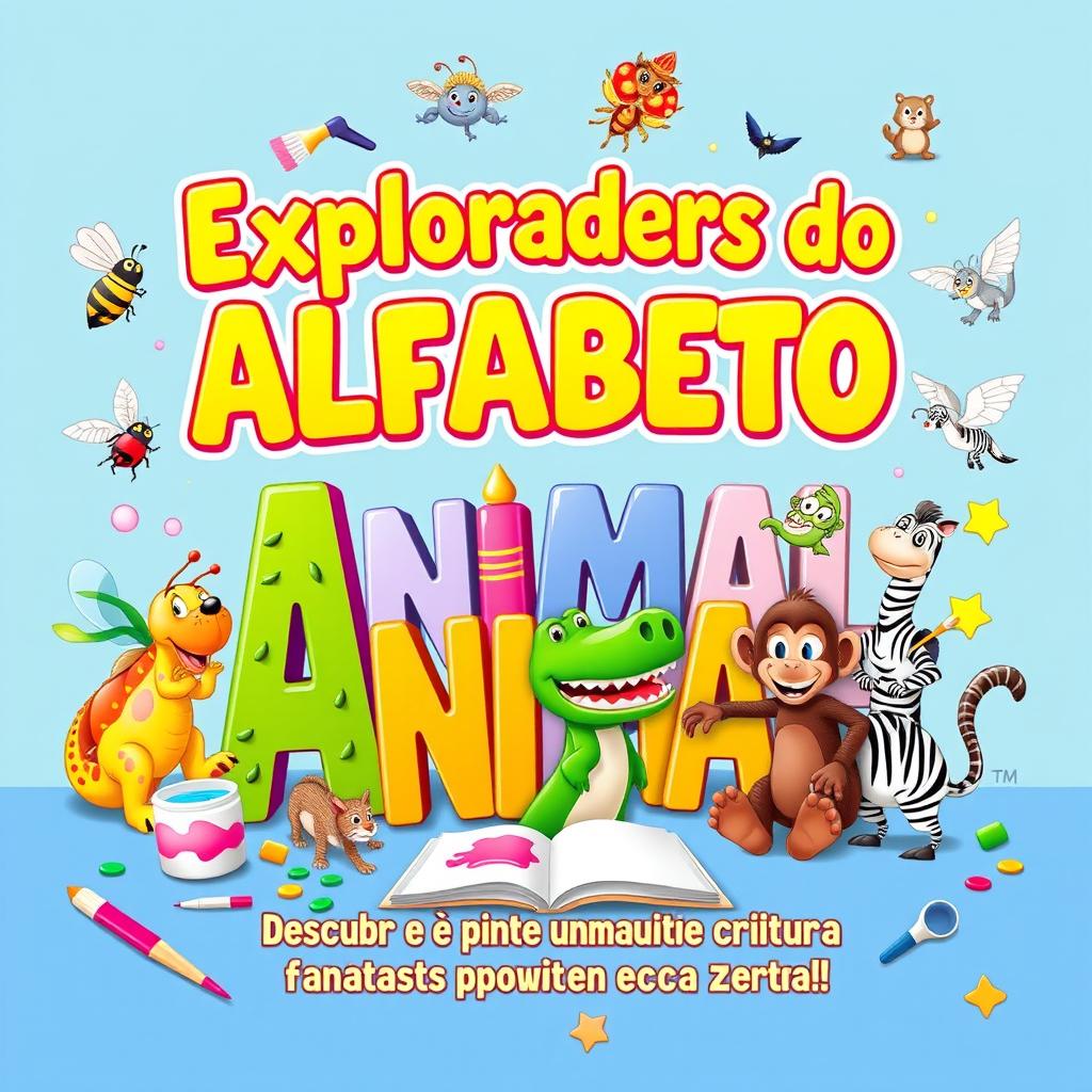 A vibrant, eye-catching eBook cover titled "Exploradores do Alfabeto Animal: Descubra e Pinte um Mundo de Criaturas Fantásticas em Cada Letra!"