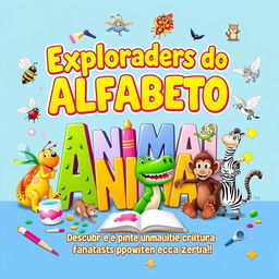 A vibrant, eye-catching eBook cover titled "Exploradores do Alfabeto Animal: Descubra e Pinte um Mundo de Criaturas Fantásticas em Cada Letra!"