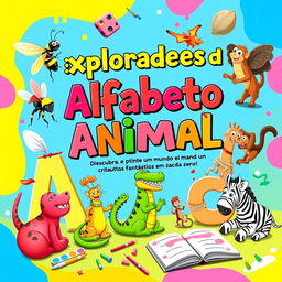 A vibrant, eye-catching eBook cover titled "Exploradores do Alfabeto Animal: Descubra e Pinte um Mundo de Criaturas Fantásticas em Cada Letra!"