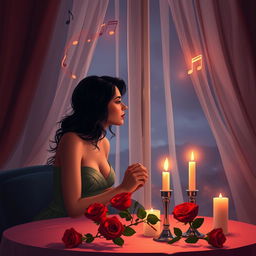 A sensual scene depicting a romantic candlelit dinner in a cozy, softly lit room