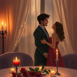 A sensual scene depicting a romantic candlelit dinner in a cozy, softly lit room