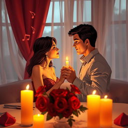 A sensual scene depicting a romantic candlelit dinner in a cozy, softly lit room