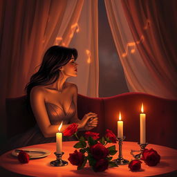 A sensual scene depicting a romantic candlelit dinner in a cozy, softly lit room