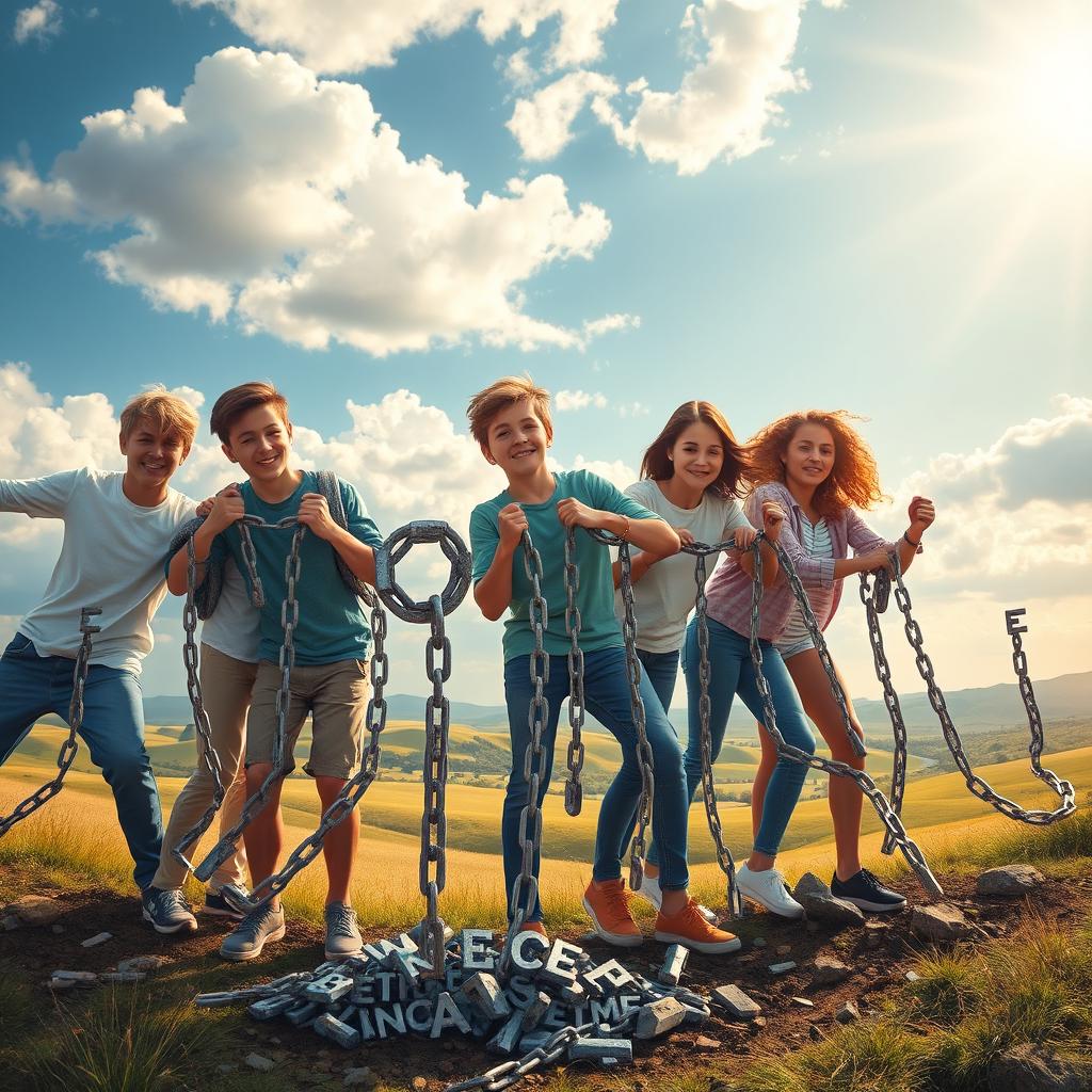 A group of teenagers breaking chains made of letters with phrases such as "gender violence," "stereotypes," and "wage gap