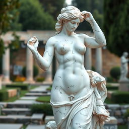 an artistic portrayal of a Greek marble statue of Aphrodite, capturing its elegant form and exquisite detailing, emphasizing the grace and beauty of classical art, with a serene background of an ancient Greek garden