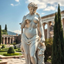 an artistic portrayal of a Greek marble statue of Aphrodite, capturing its elegant form and exquisite detailing, emphasizing the grace and beauty of classical art, with a serene background of an ancient Greek garden