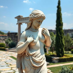 an artistic portrayal of a Greek marble statue of Aphrodite, capturing its elegant form and exquisite detailing, emphasizing the grace and beauty of classical art, with a serene background of an ancient Greek garden