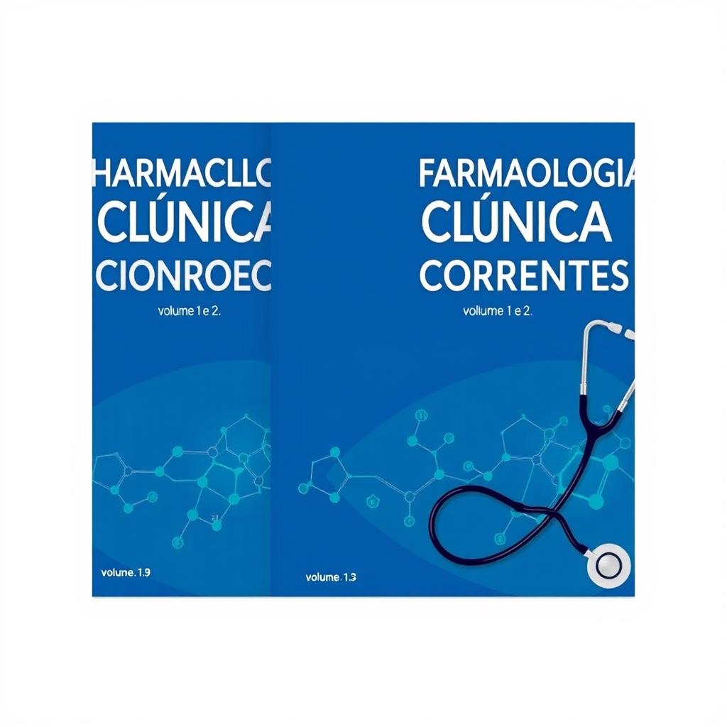 A clinical pharmacology book cover with a technical and academic design, titled 'FARMACOLOGIA CLÍNICA E DOENÇAS CORRENTES, volume 1 e 2, primeira edição'