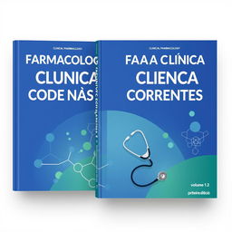 A clinical pharmacology book cover with a technical and academic design, titled 'FARMACOLOGIA CLÍNICA E DOENÇAS CORRENTES, volume 1 e 2, primeira edição'