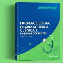 A clinical pharmacology book cover with a technical and academic design, titled 'FARMACOLOGIA CLÍNICA E DOENÇAS CORRENTES, volume 1 e 2, primeira edição'