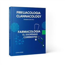 A clinical pharmacology book cover with a technical and academic design, titled 'FARMACOLOGIA CLÍNICA E DOENÇAS CORRENTES, volume 1 e 2, primeira edição'