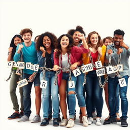 A diverse group of teenagers, both male and female, energetically breaking chains made of letters