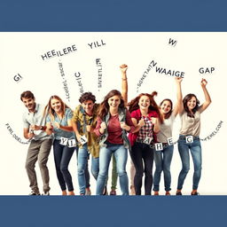 A diverse group of teenagers, both male and female, energetically breaking chains made of letters