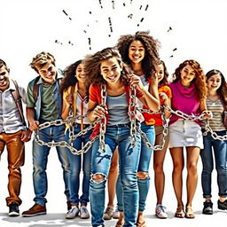 A diverse group of teenagers, both male and female, energetically breaking chains that are visibly snapping apart