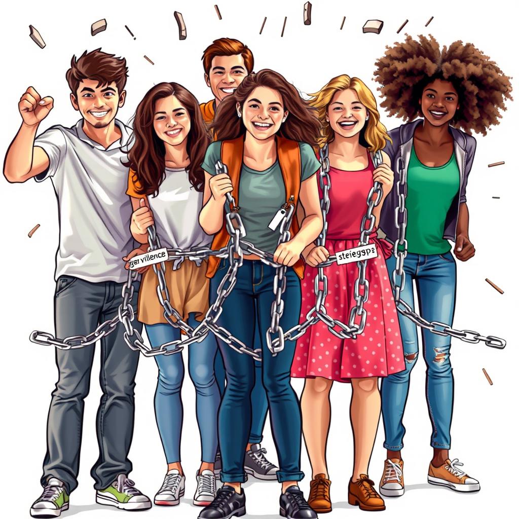 A diverse group of teenagers, both male and female, energetically breaking chains that are visibly snapping apart