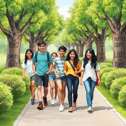 A diverse group of teenagers, both male and female, walking along a scenic path