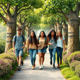 A diverse group of teenagers, both male and female, walking along a scenic path