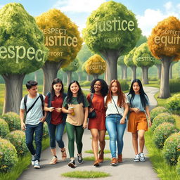 A diverse group of teenagers, both male and female, walking along a scenic path