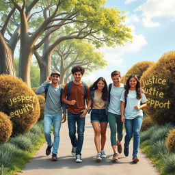 A diverse group of teenagers, both male and female, walking along a scenic path