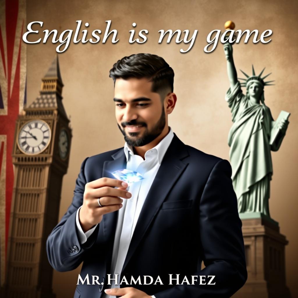 A book cover for "English is my game" with the Statue of Liberty on the right side and Big Ben on the left