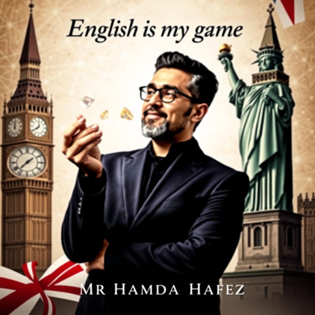 A book cover for "English is my game" with the Statue of Liberty on the right side and Big Ben on the left