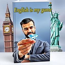 A book cover for "English is my game" with the Statue of Liberty on the right side and Big Ben on the left