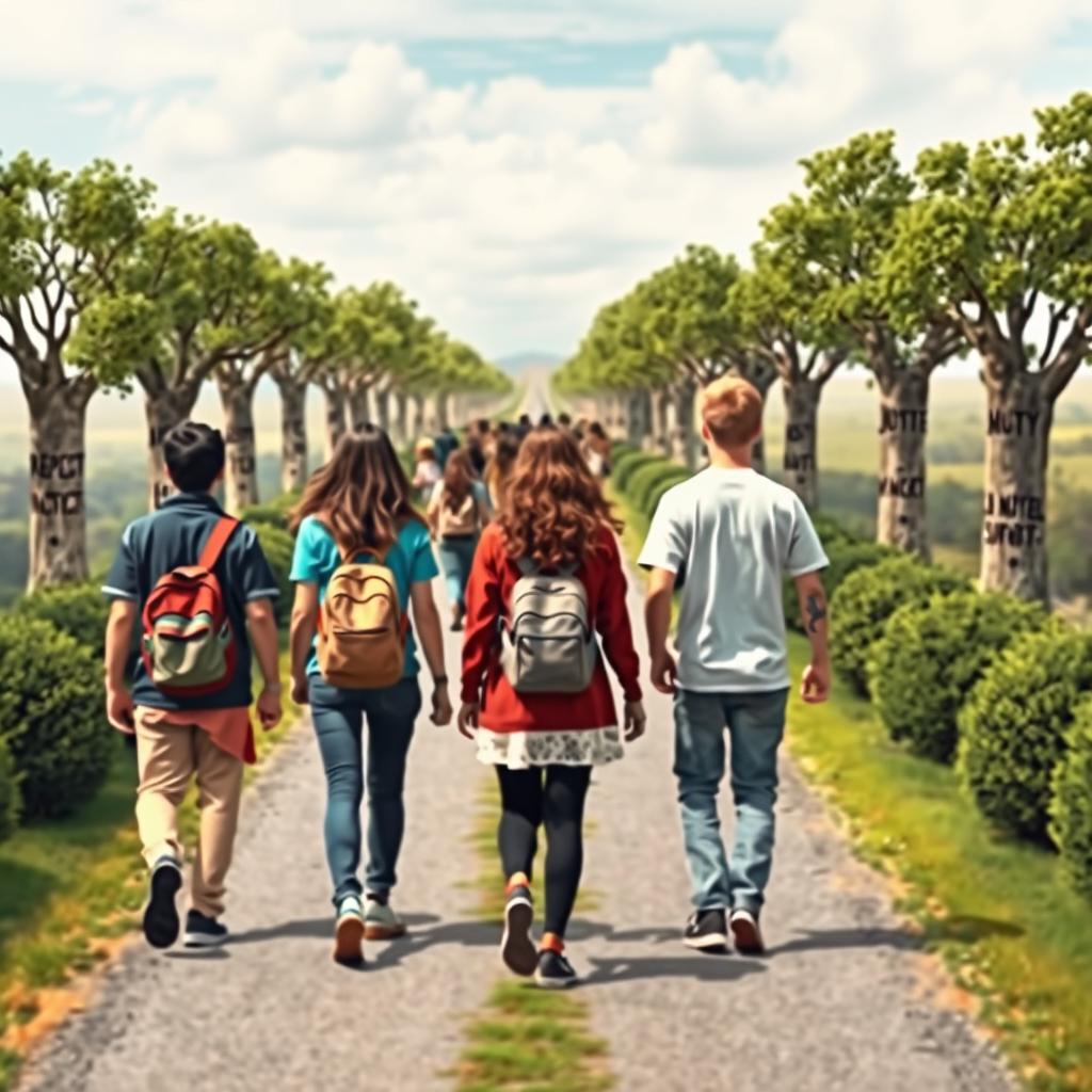 A diverse group of teenagers, both male and female, walking away down a long scenic path